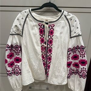 Free People Embroidered Bohemian Blouse - White, Navy and Pink